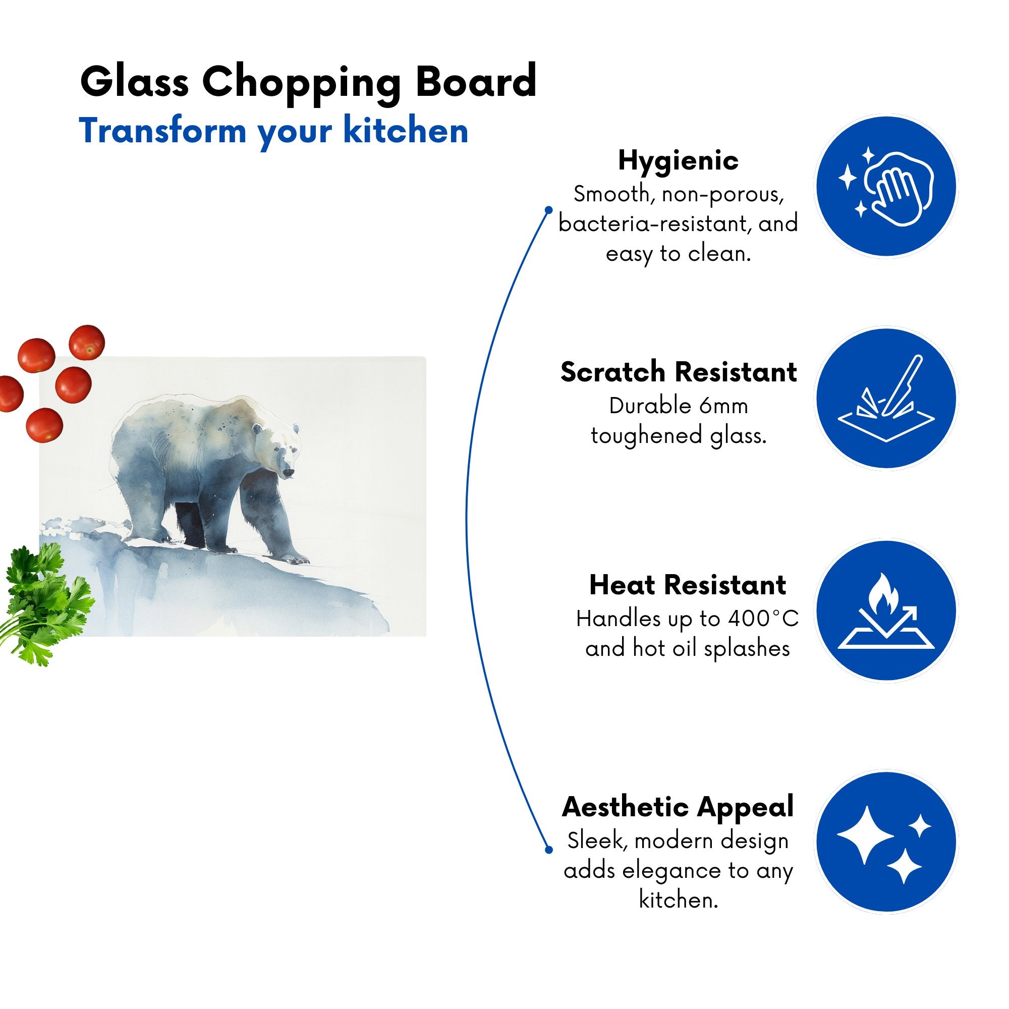 Polar Bear Watercolour Glass Chopping Board