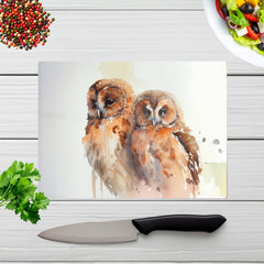 Loving Tawny Owls Watercolour Glass Chopping Board