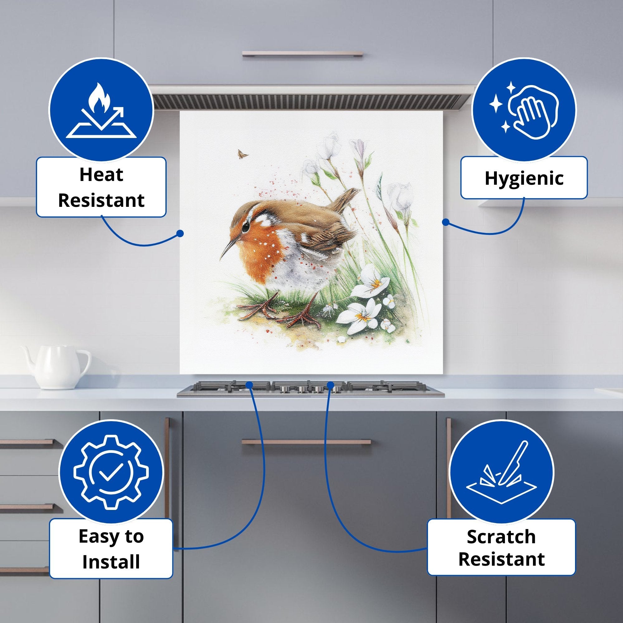 Robin And Daisies Watercolour Kitchen Splashback