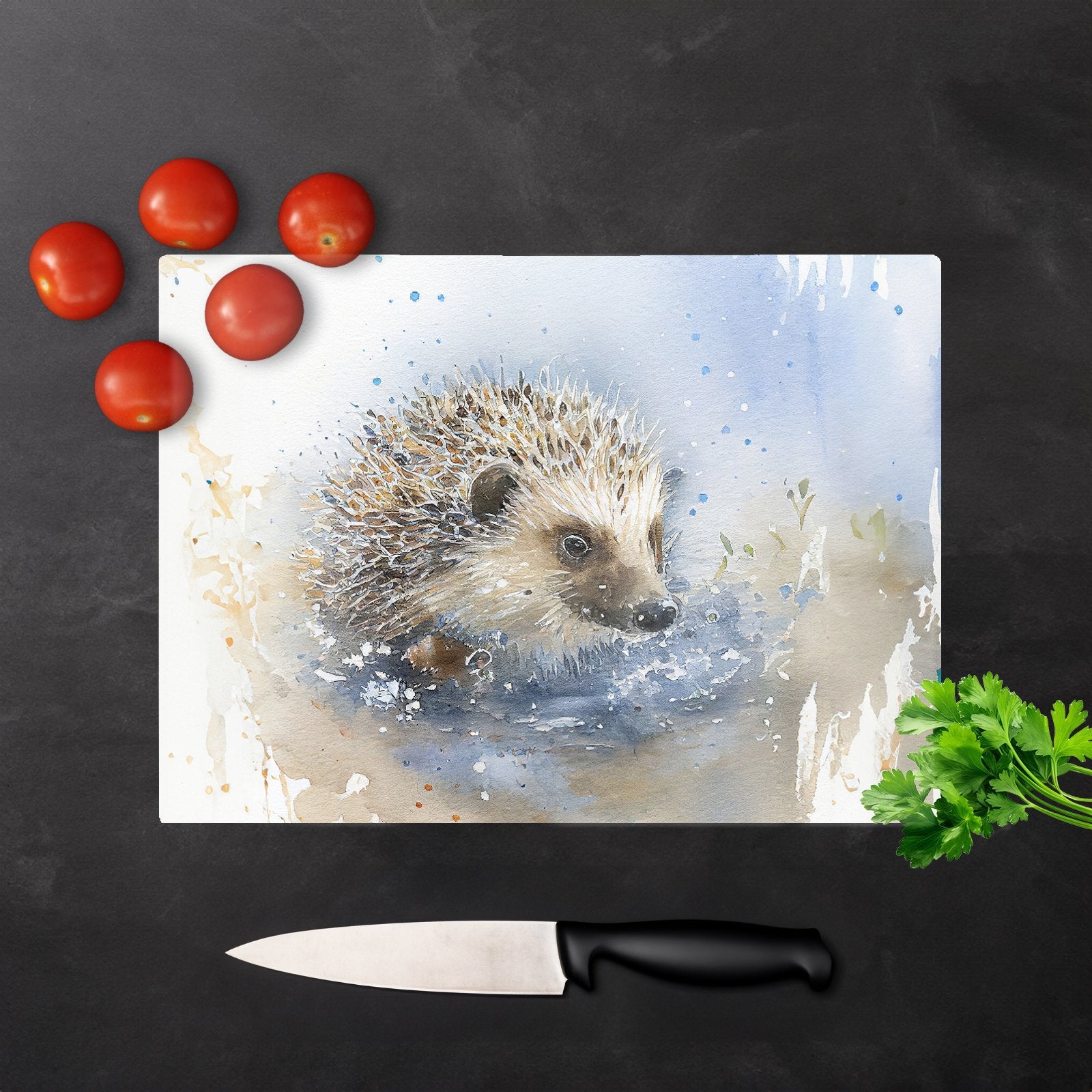 Hedgehog Watercolour Glass Chopping Board