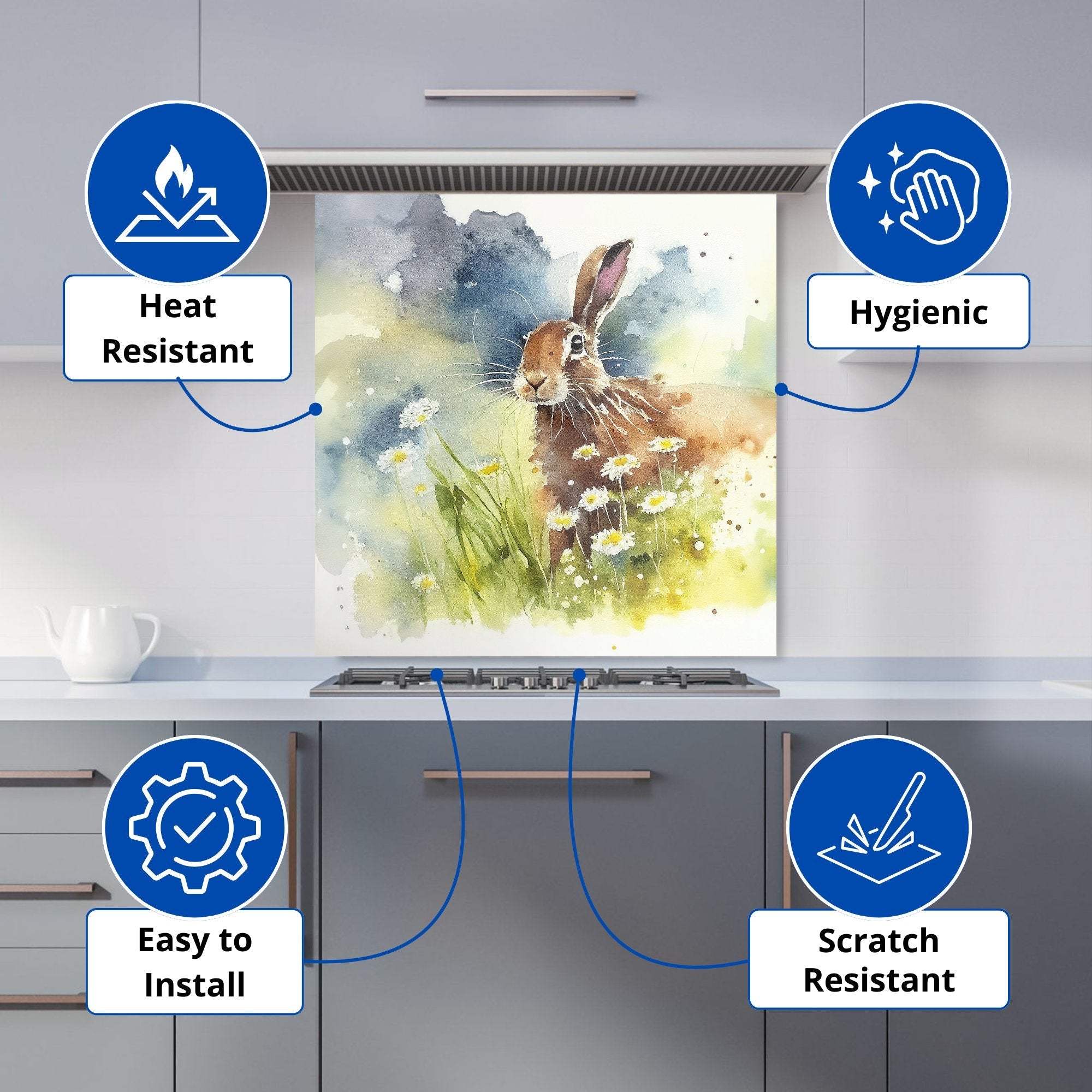 Hare And Daisies Watercolour Kitchen Splashback