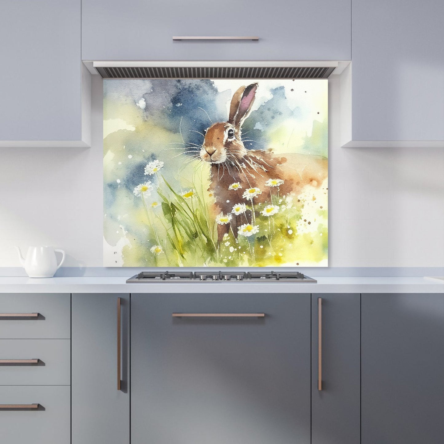 Hare And Daisies Watercolour Kitchen Splashback