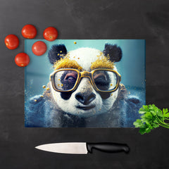 Panda With Golden Glasses Splashart Glass Chopping Board
