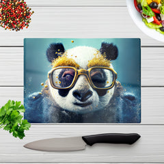 Panda With Golden Glasses Splashart Glass Chopping Board