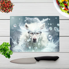 White Wolf With Glasses Splashart Glass Chopping Board