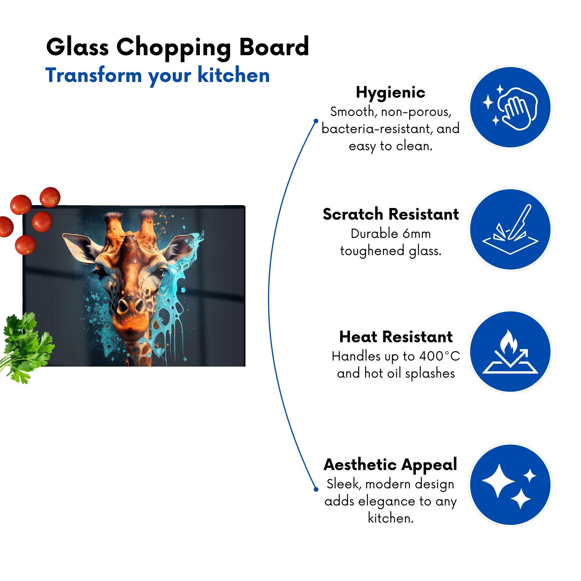 Blue Giraffe Face Splashart Glass Chopping Board