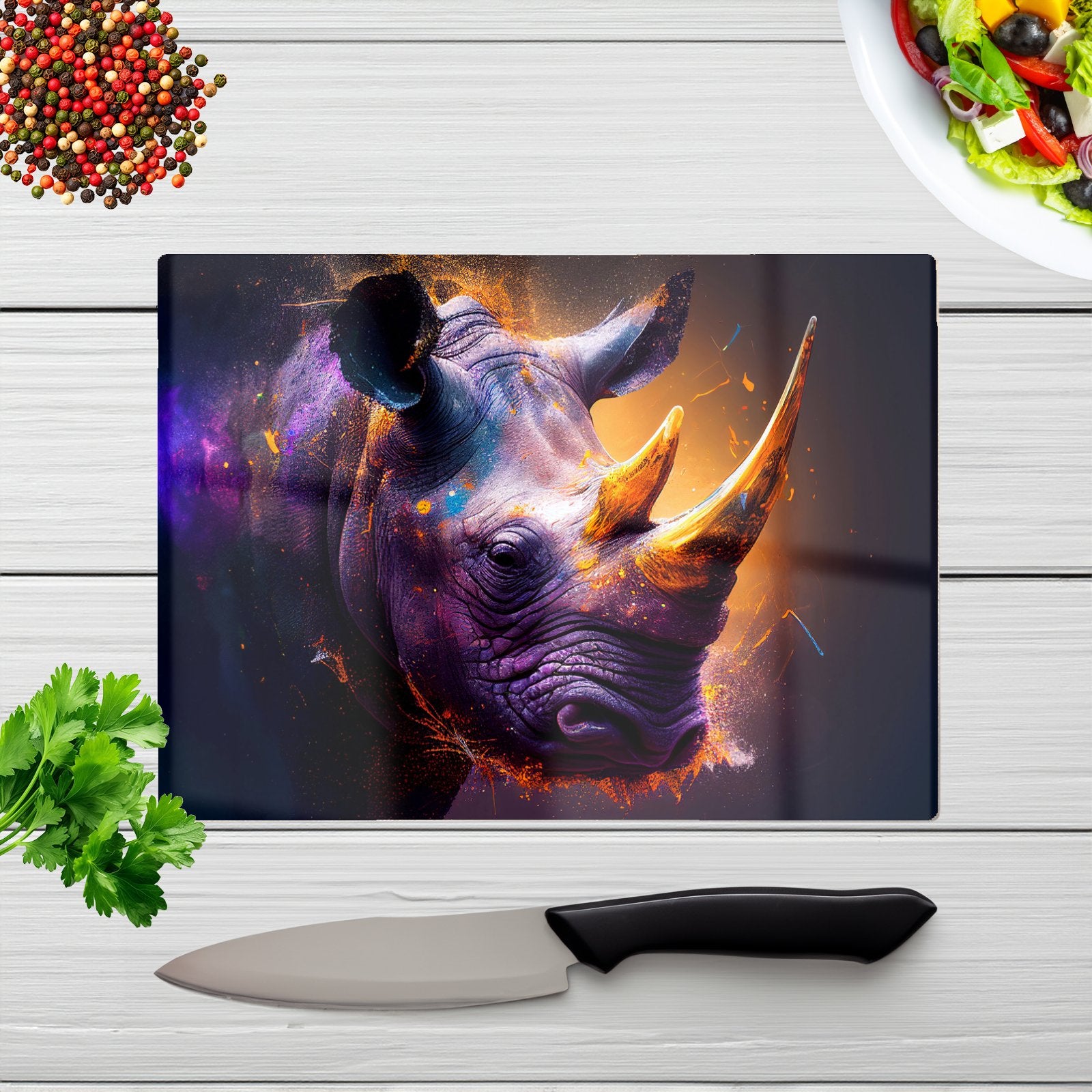 Golden Rhino Face Splashart Glass Chopping Board
