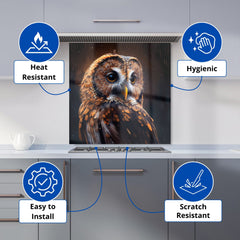 Tawny Owl Face Splashart Dark Background Kitchen Splashback