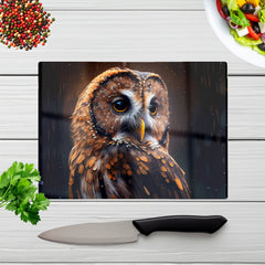 Tawny Owl Face Splashart Dark Background Glass Chopping Board