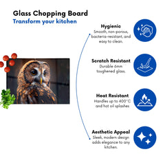 Tawny Owl Face Splashart Dark Background Glass Chopping Board