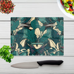 Green Beige Tropical Leaves Glass Chopping Board