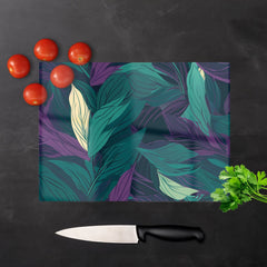 Green Purple Tropical Leaves Glass Chopping Board