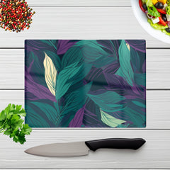 Green Purple Tropical Leaves Glass Chopping Board