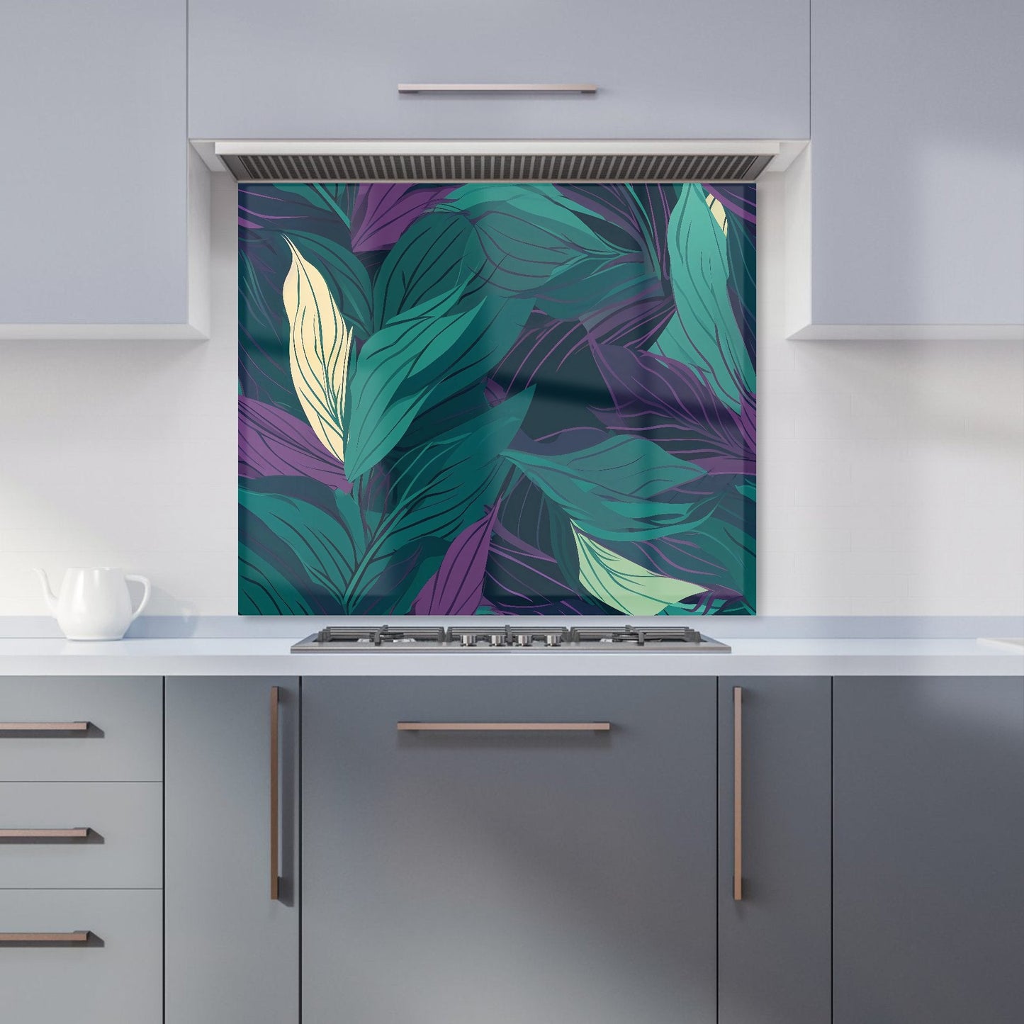 Green Purple Tropical Leaves Kitchen Splashback