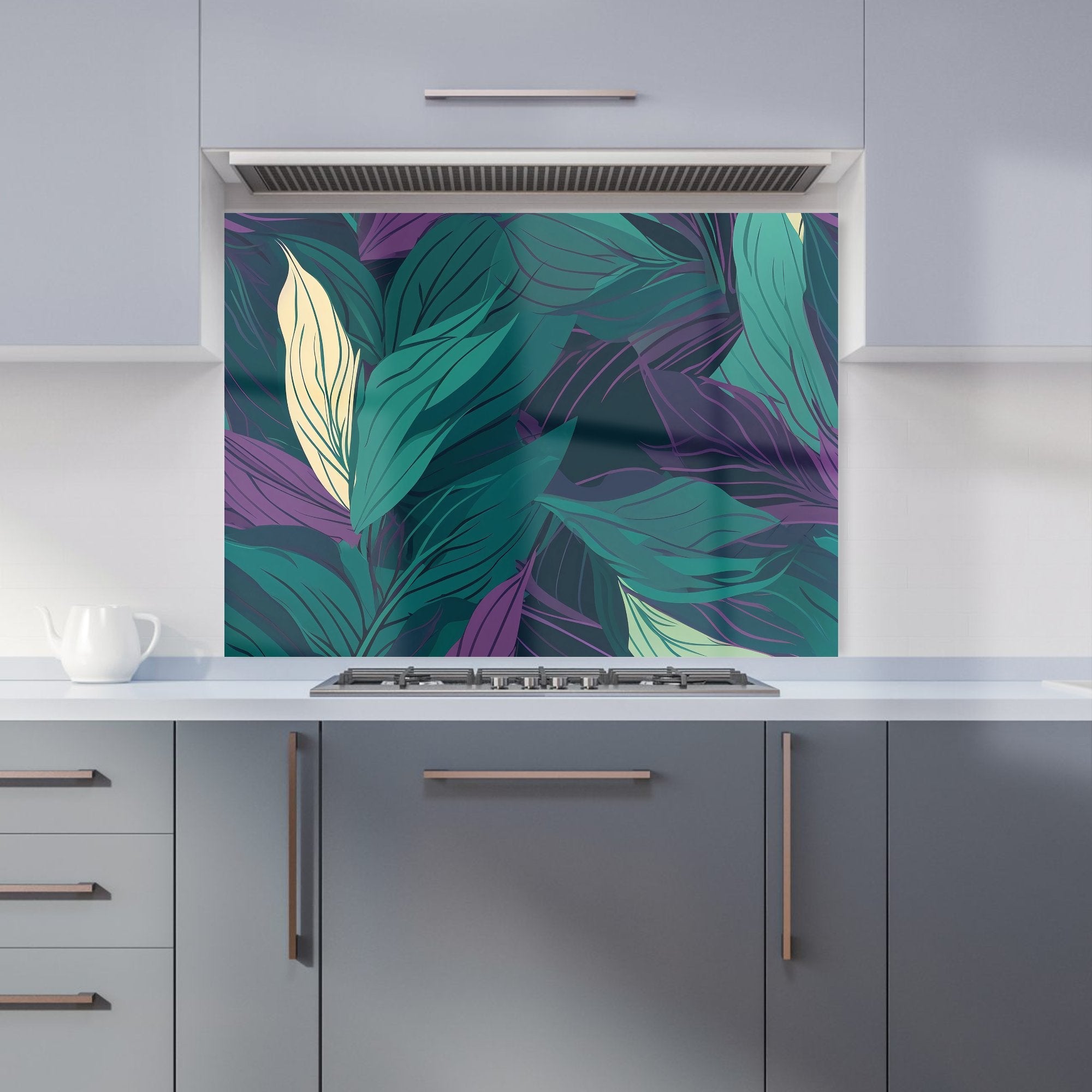 Green Purple Tropical Leaves Kitchen Splashback