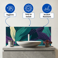 Green Purple Tropical Leaves Glass Bathroom Splashback