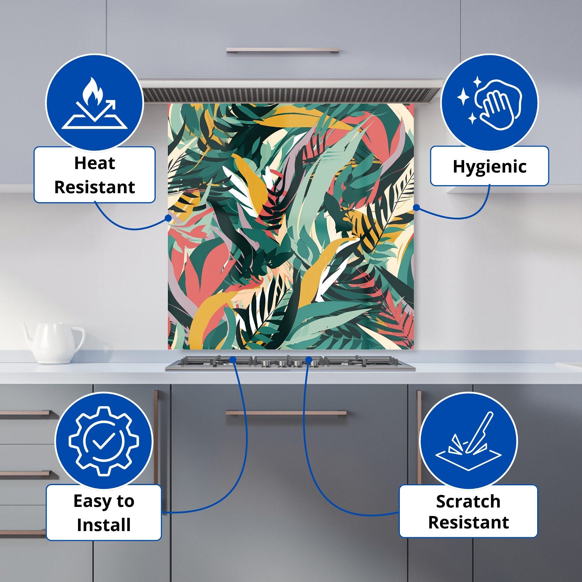 Coloured Tropical Leaves Kitchen Splashback