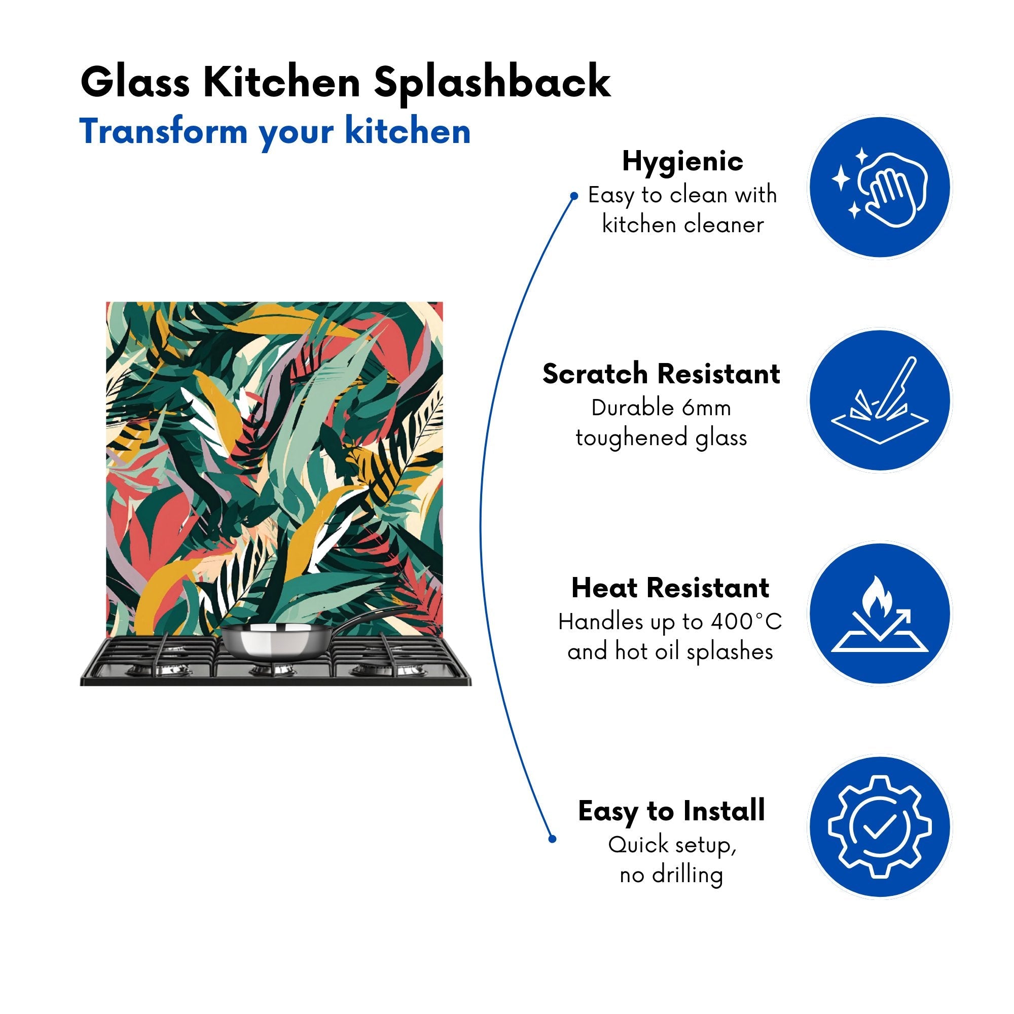 Coloured Tropical Leaves Kitchen Splashback