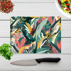 Coloured Tropical Leaves Glass Chopping Board