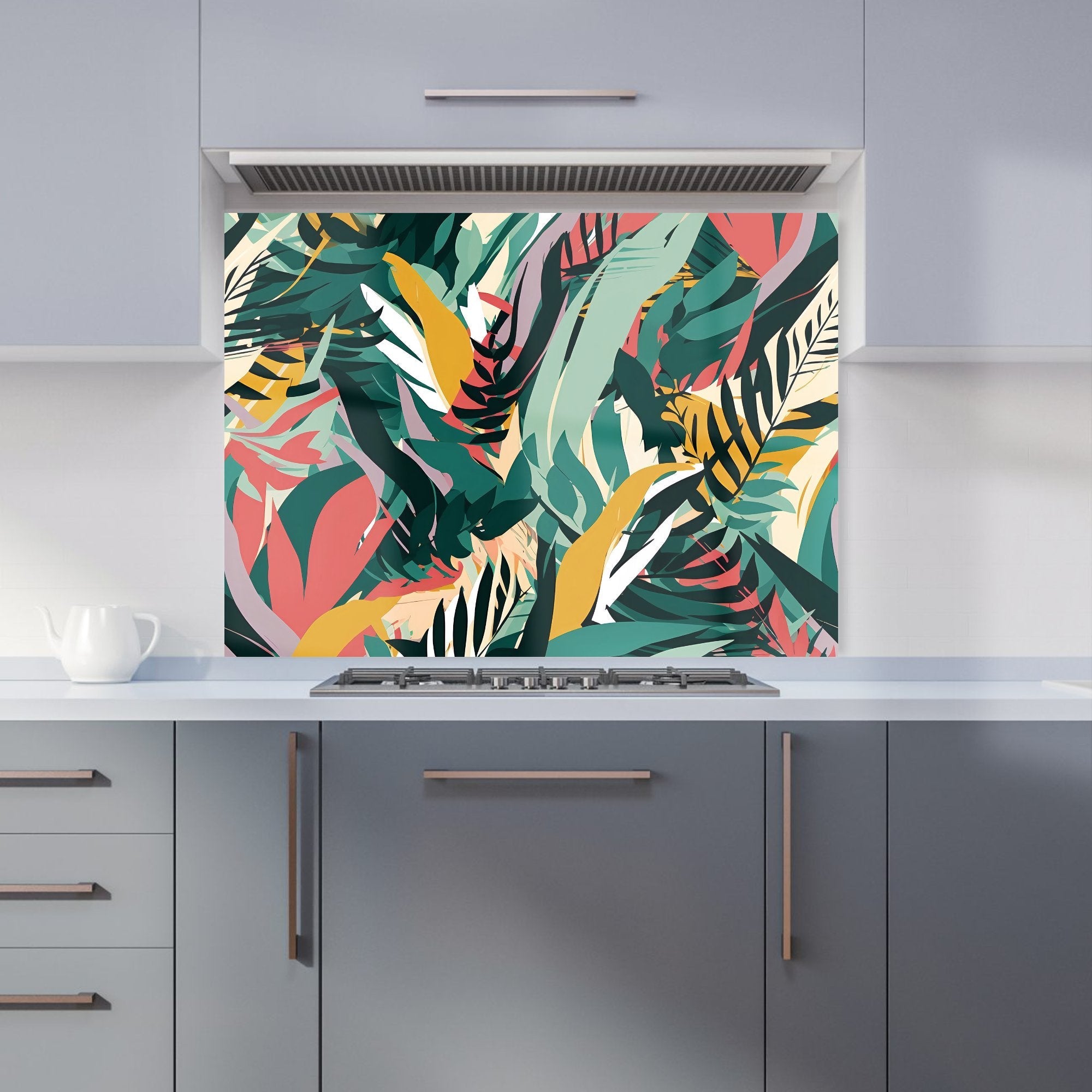 Coloured Tropical Leaves Kitchen Splashback