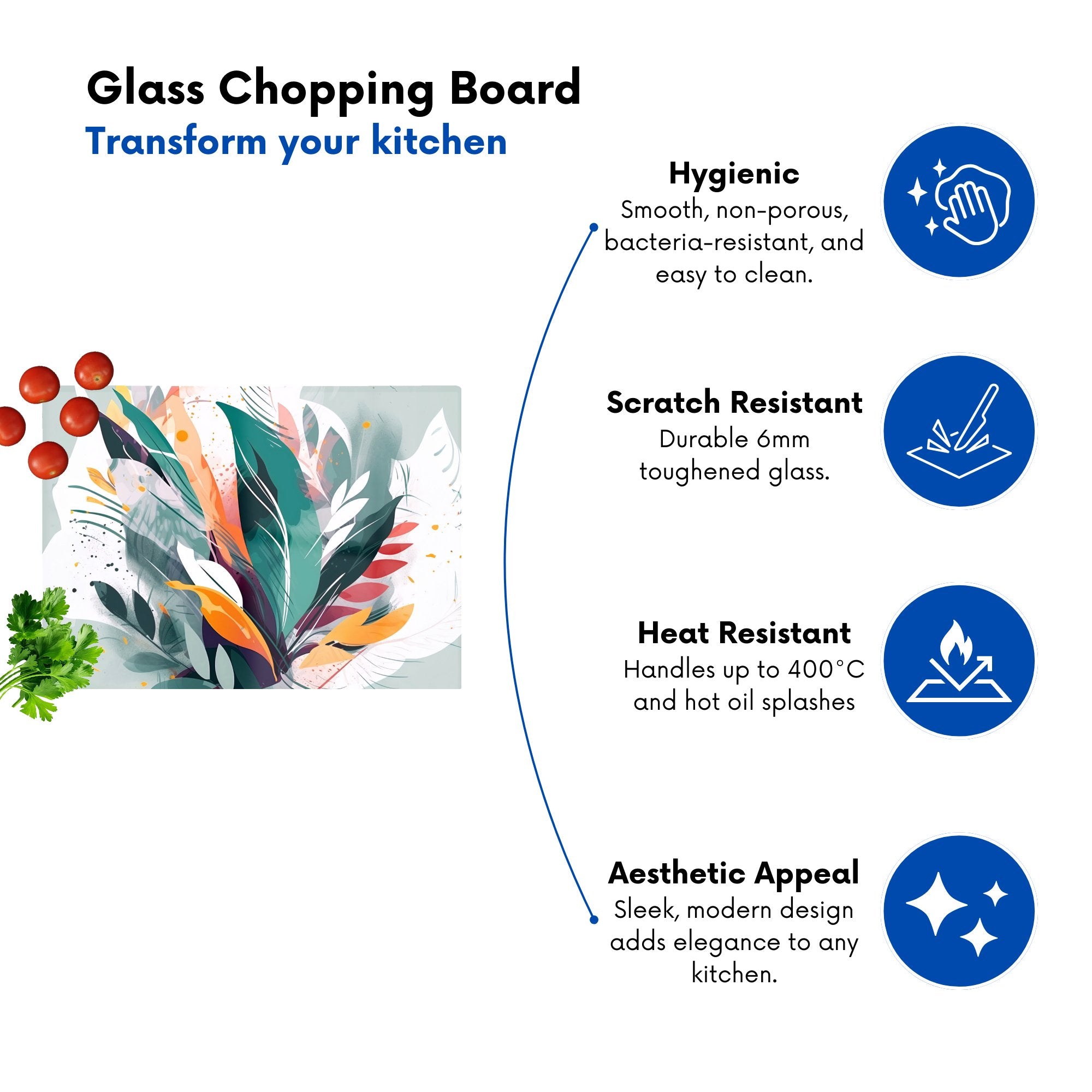 Coloured Abstrace Feather Leaves Glass Chopping Board