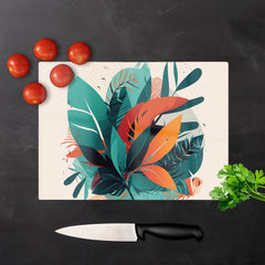 Green Orange Tropical Leaves Glass Chopping Board