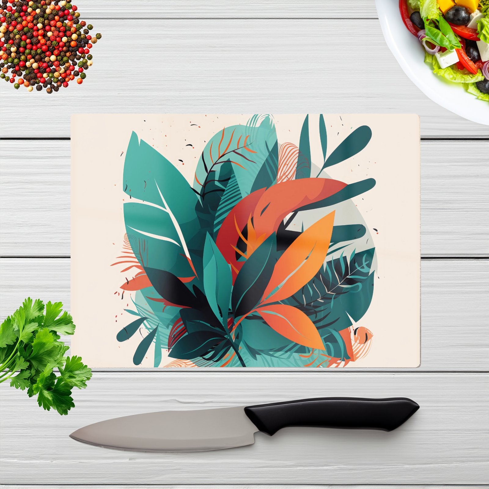 Green Orange Tropical Leaves Glass Chopping Board