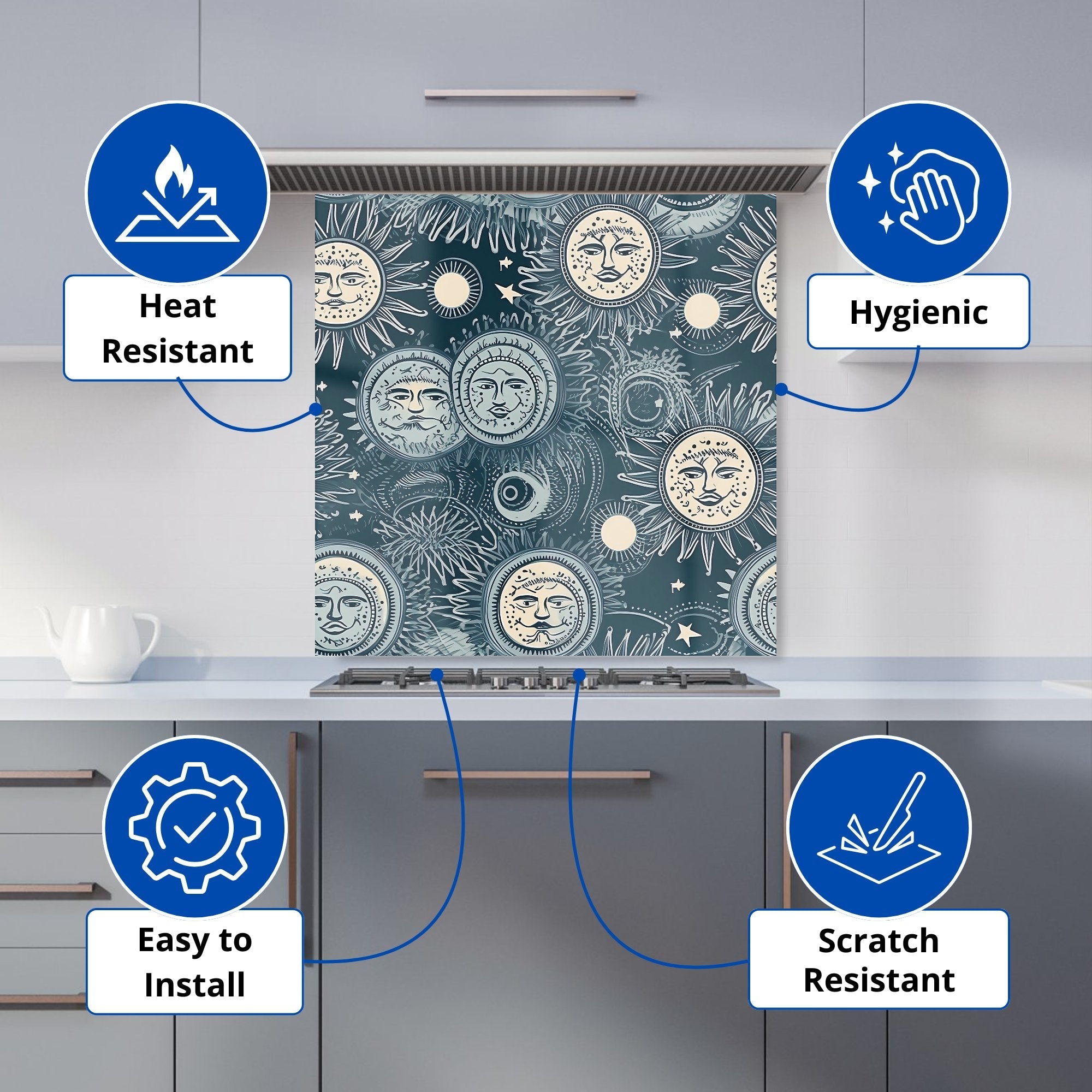Silver Blue Moon and Stars Kitchen Splashback