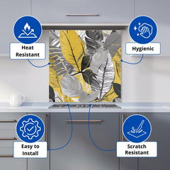 Grey Yellow Floral Leaves Kitchen Splashback
