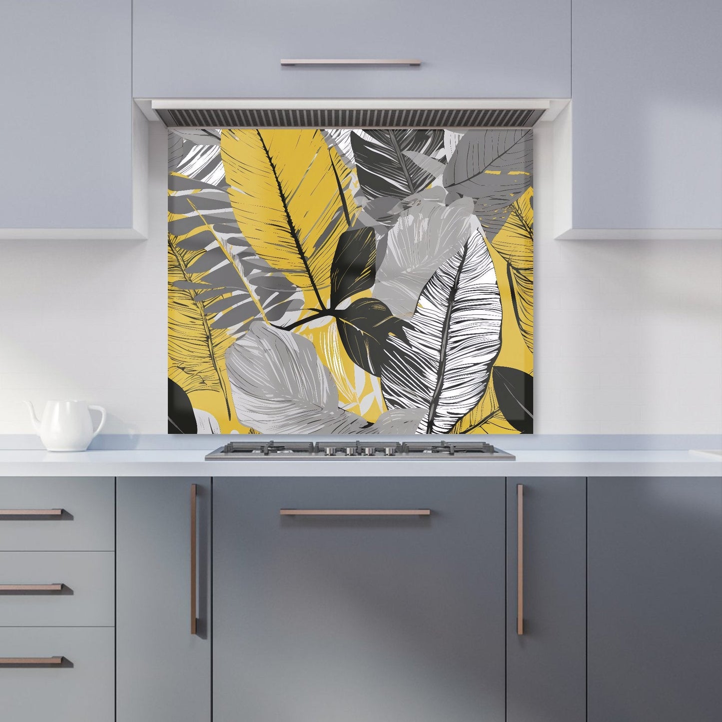 Grey Yellow Floral Leaves Kitchen Splashback