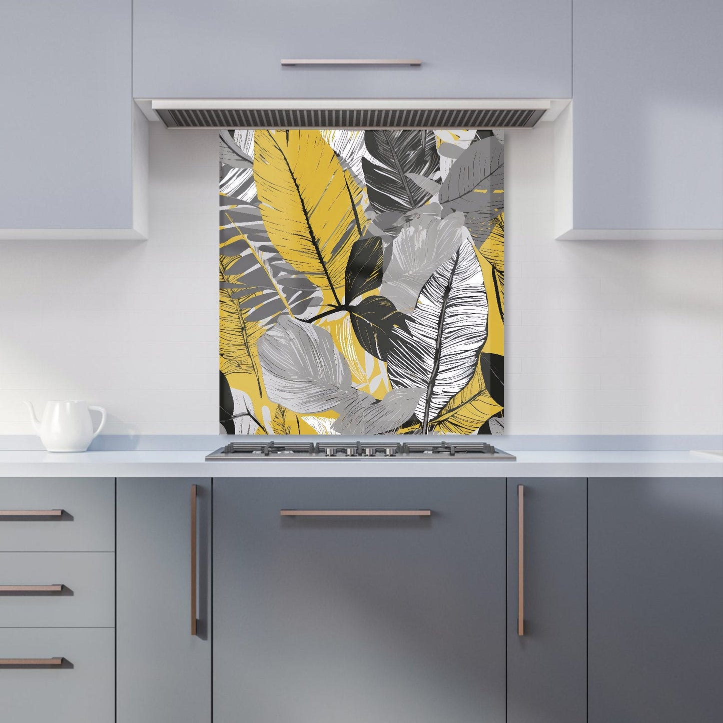 Grey Yellow Floral Leaves Kitchen Splashback