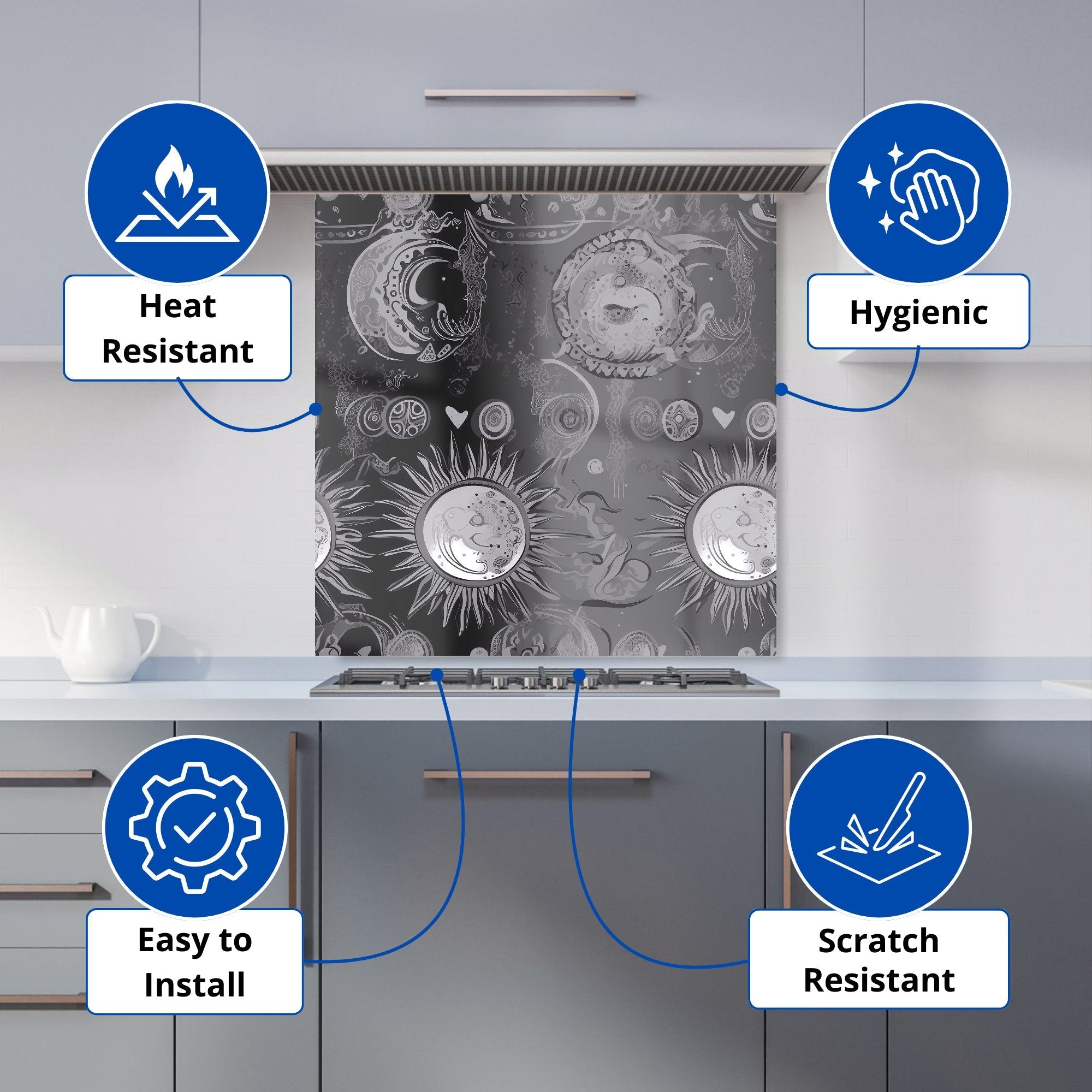 Black Grey Abstract Sun and Moon Kitchen Splashback