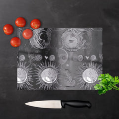 Black Grey Abstract Sun And Moon Glass Chopping Board