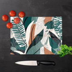 Autumn Tropical Leaves Green Brown Glass Chopping Board