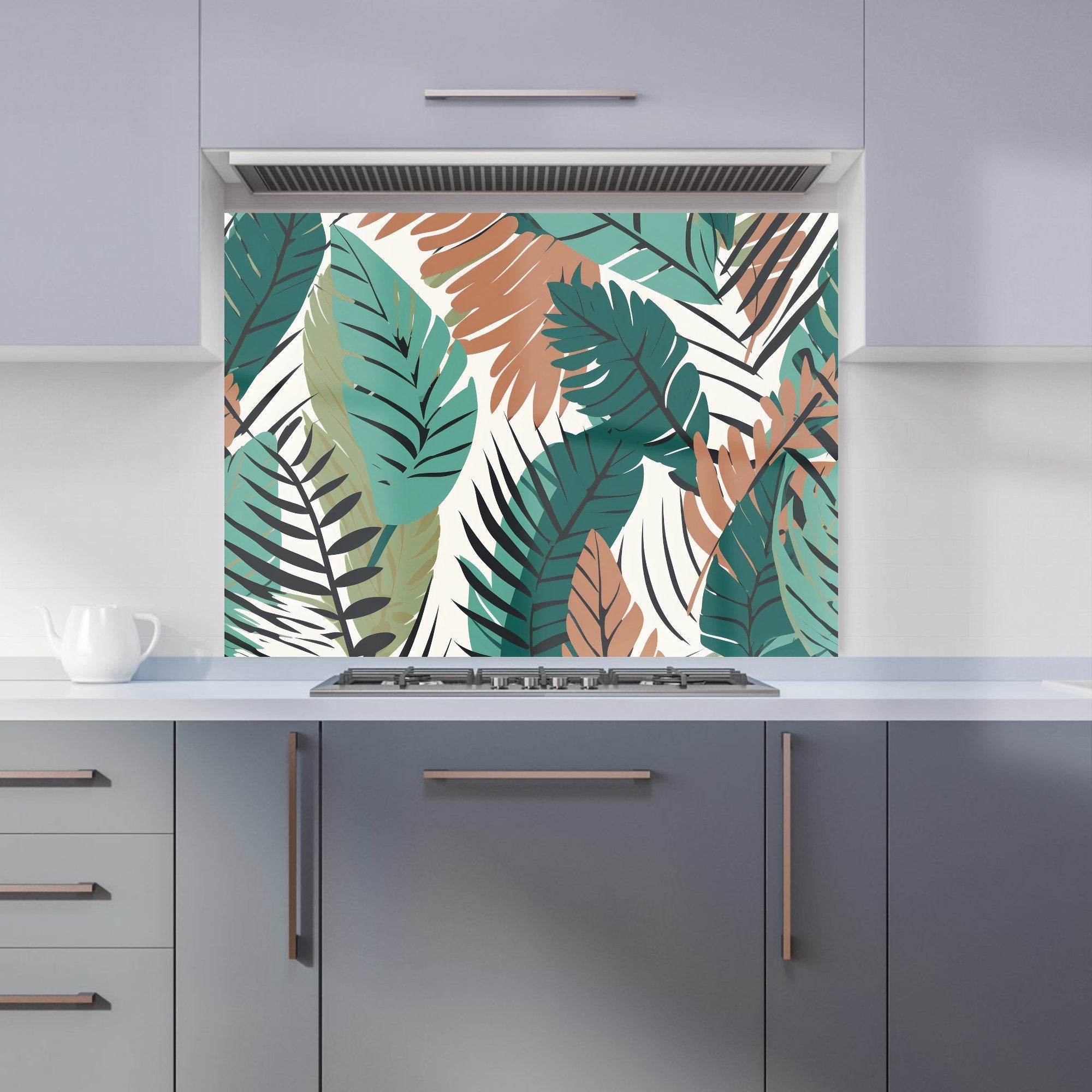Tropical Floral Leaves Green Brown Kitchen Splashback