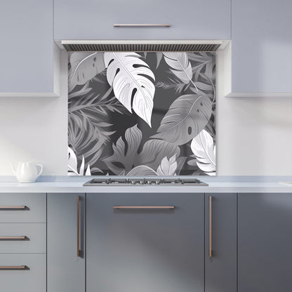 Black White Tropical Leaves Kitchen Splashback