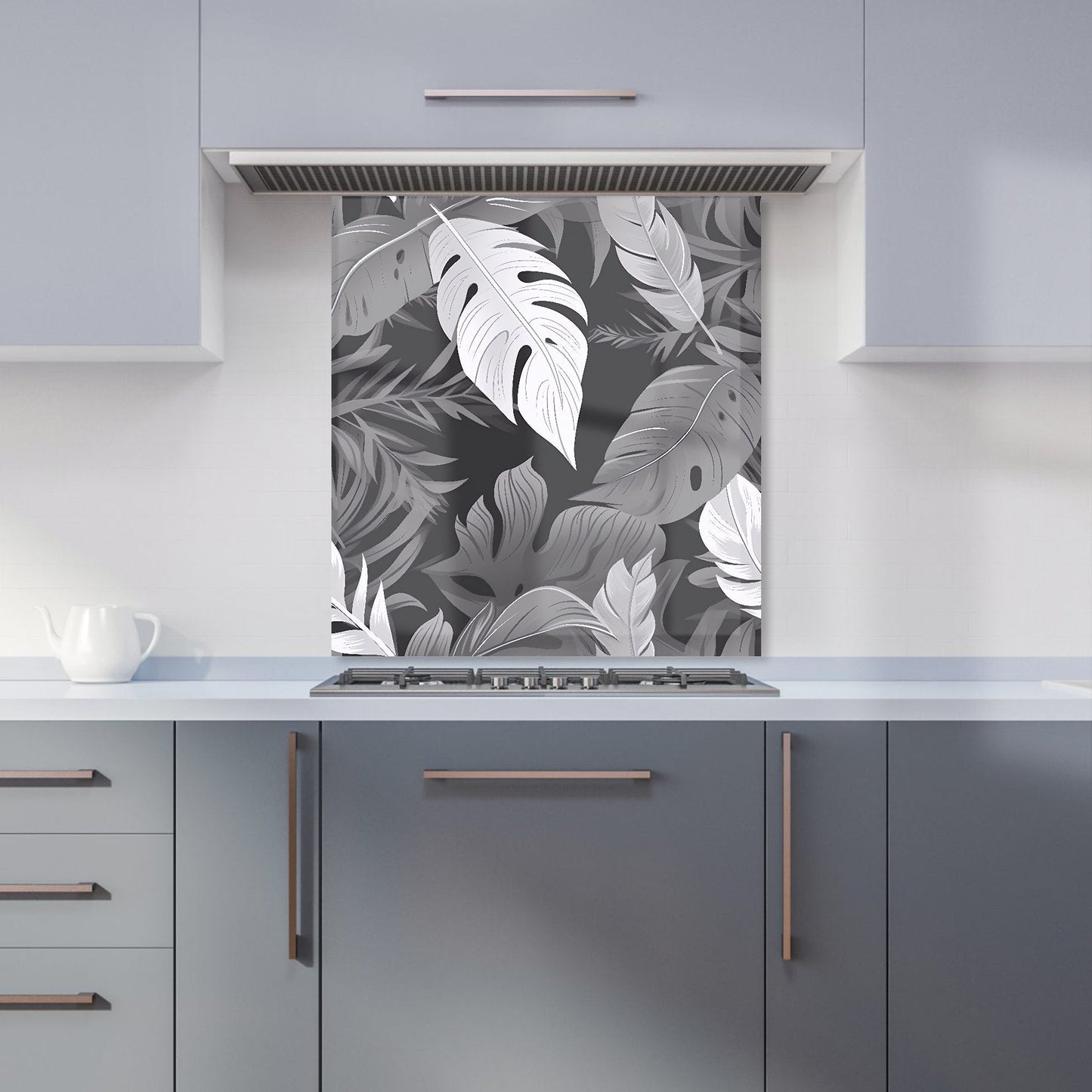 Black White Tropical Leaves Kitchen Splashback