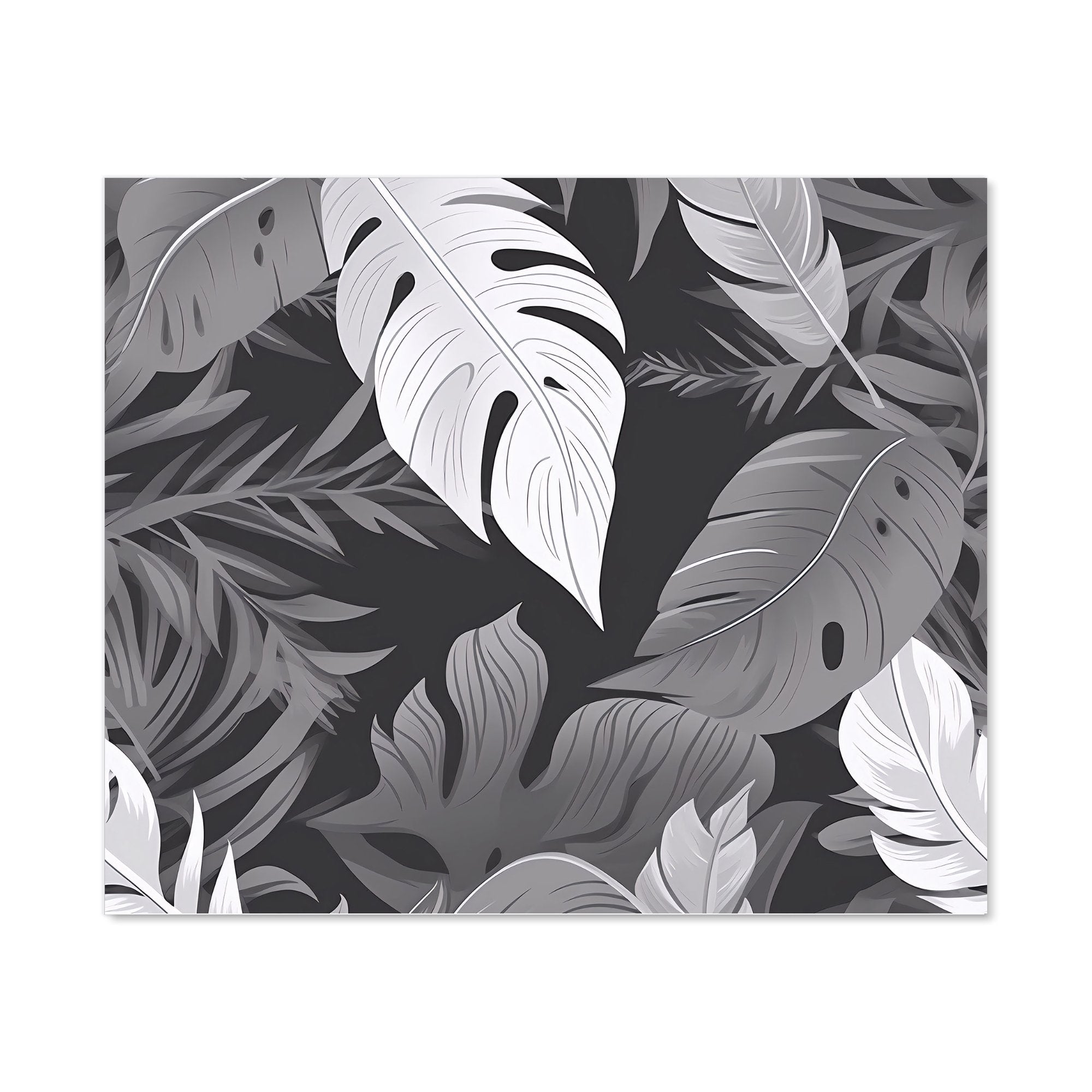 Black White Tropical Leaves Kitchen Splashback