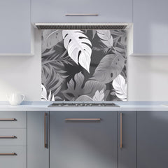 Black White Tropical Leaves Kitchen Splashback