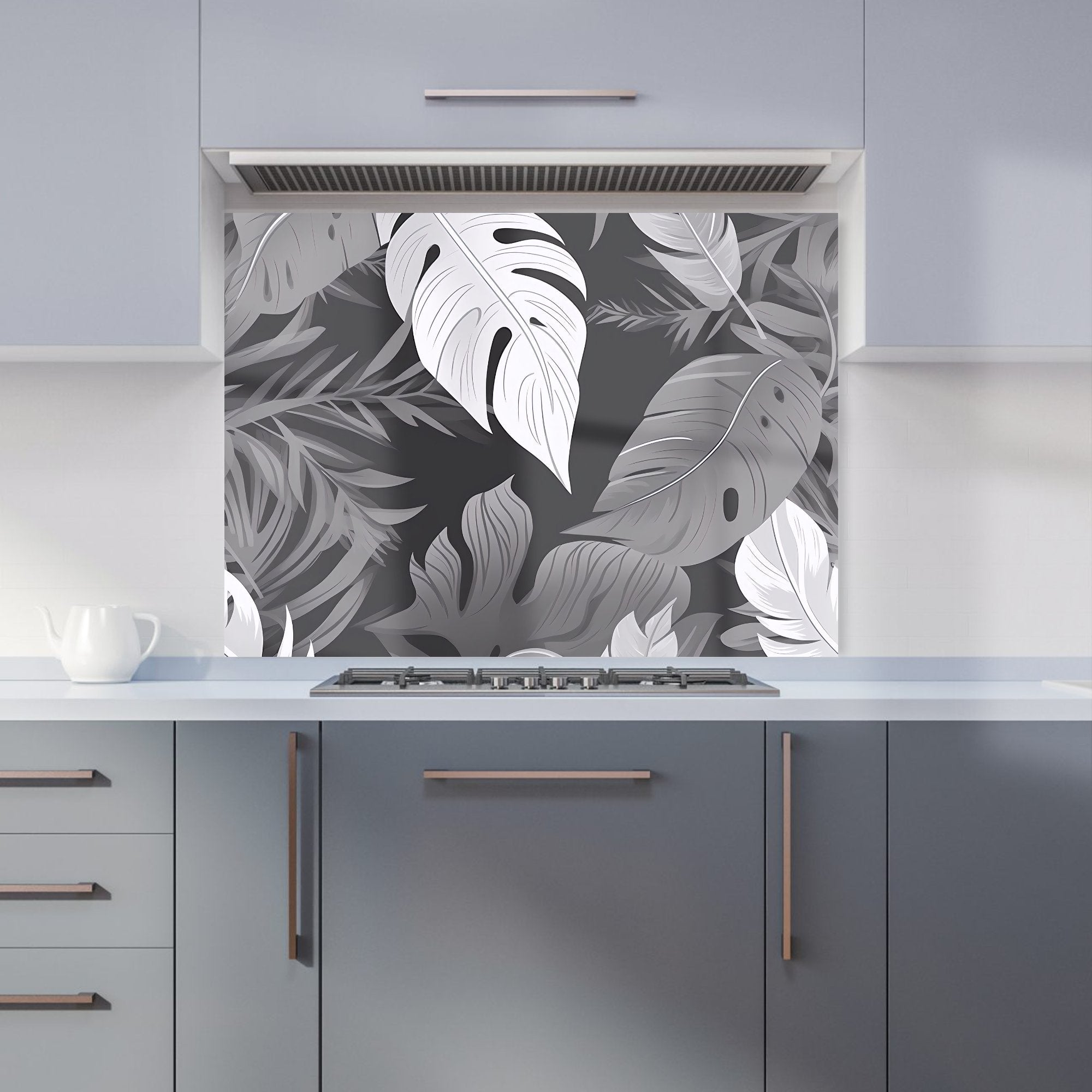Black White Tropical Leaves Kitchen Splashback