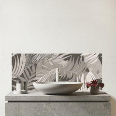 Grey Brown Tropical Leaves Glass Bathroom Splashback