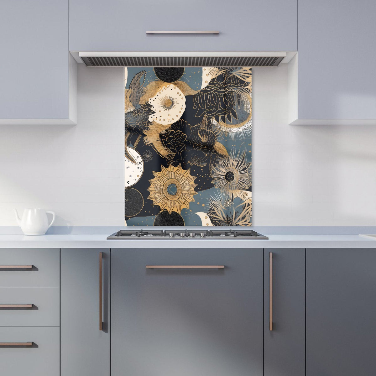 Abstract Blue Gold Moon Sun Kitchen Splashback