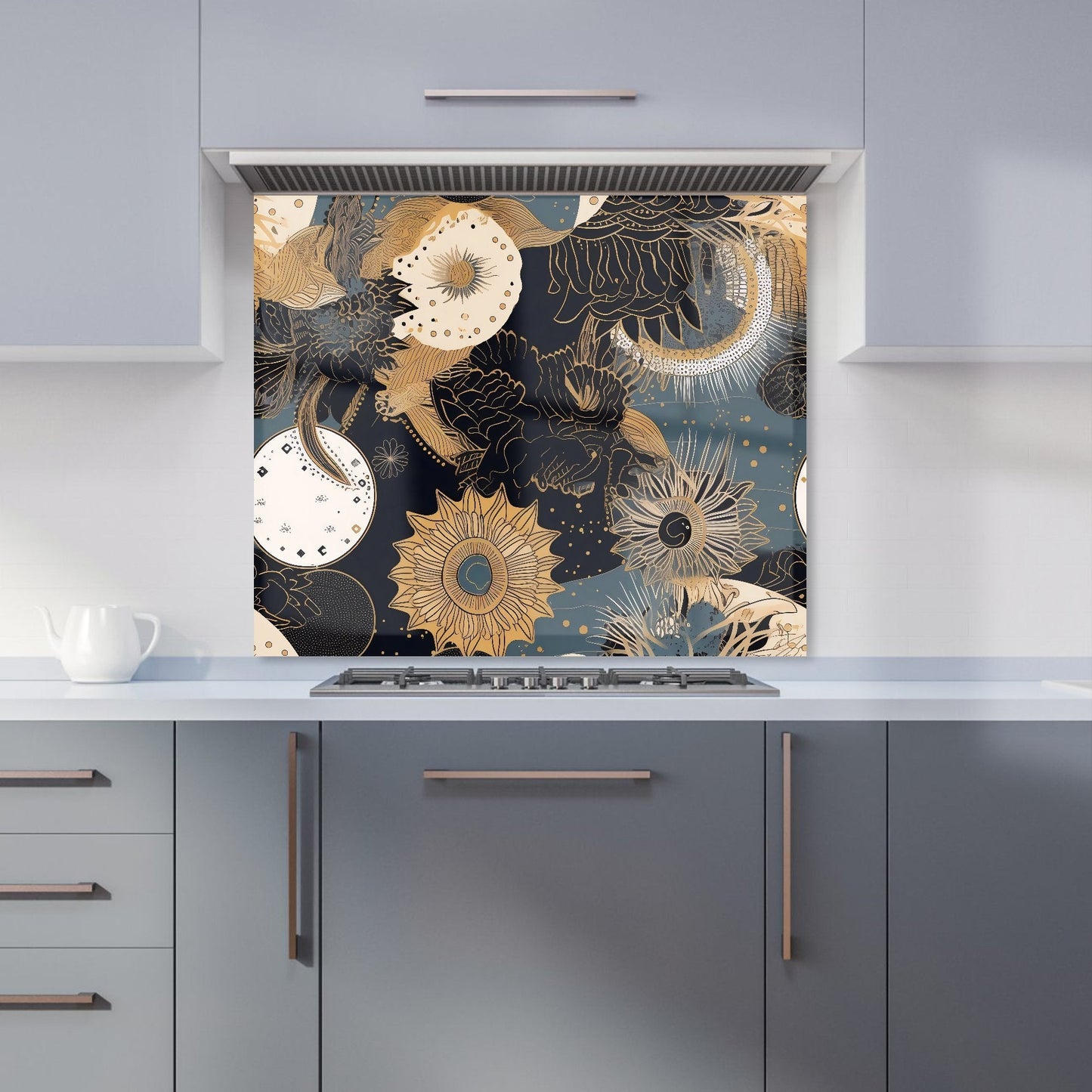 Abstract Blue Gold Moon Sun Kitchen Splashback