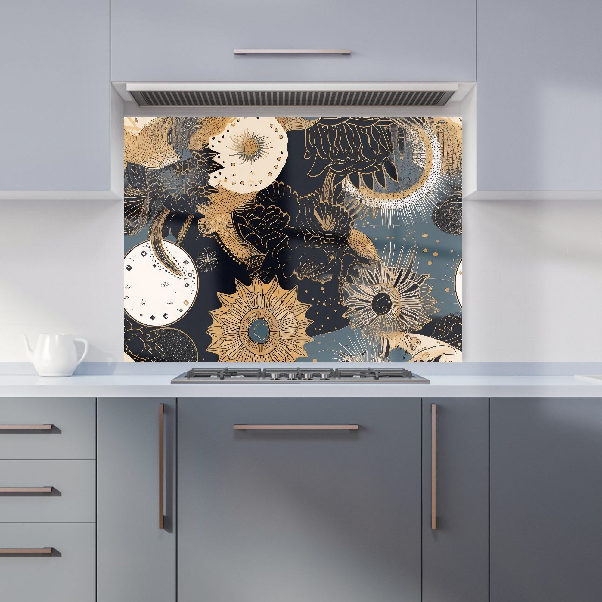 Abstract Blue Gold Moon Sun Kitchen Splashback