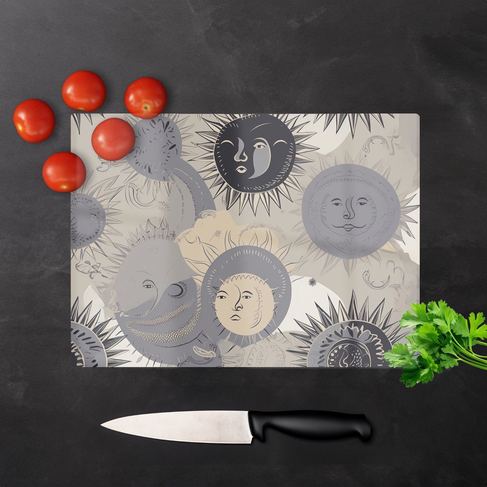 Grey Black Abstract Moon And Sun Glass Chopping Board