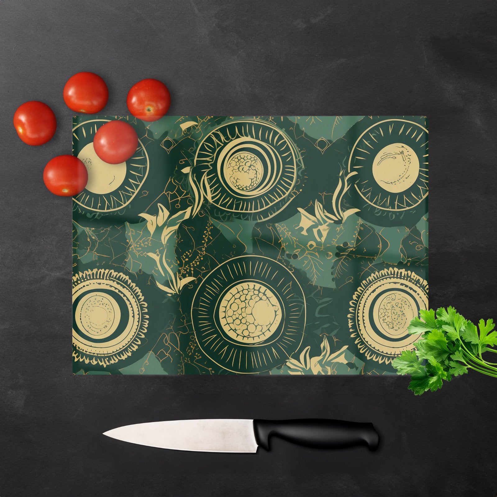 Abstract Green Gold Moon Pattern Glass Chopping Board