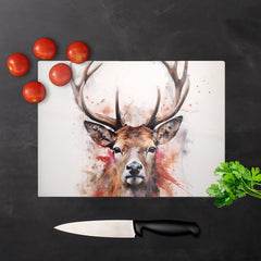 Watercolour Splashart Stag Face Glass Chopping Board