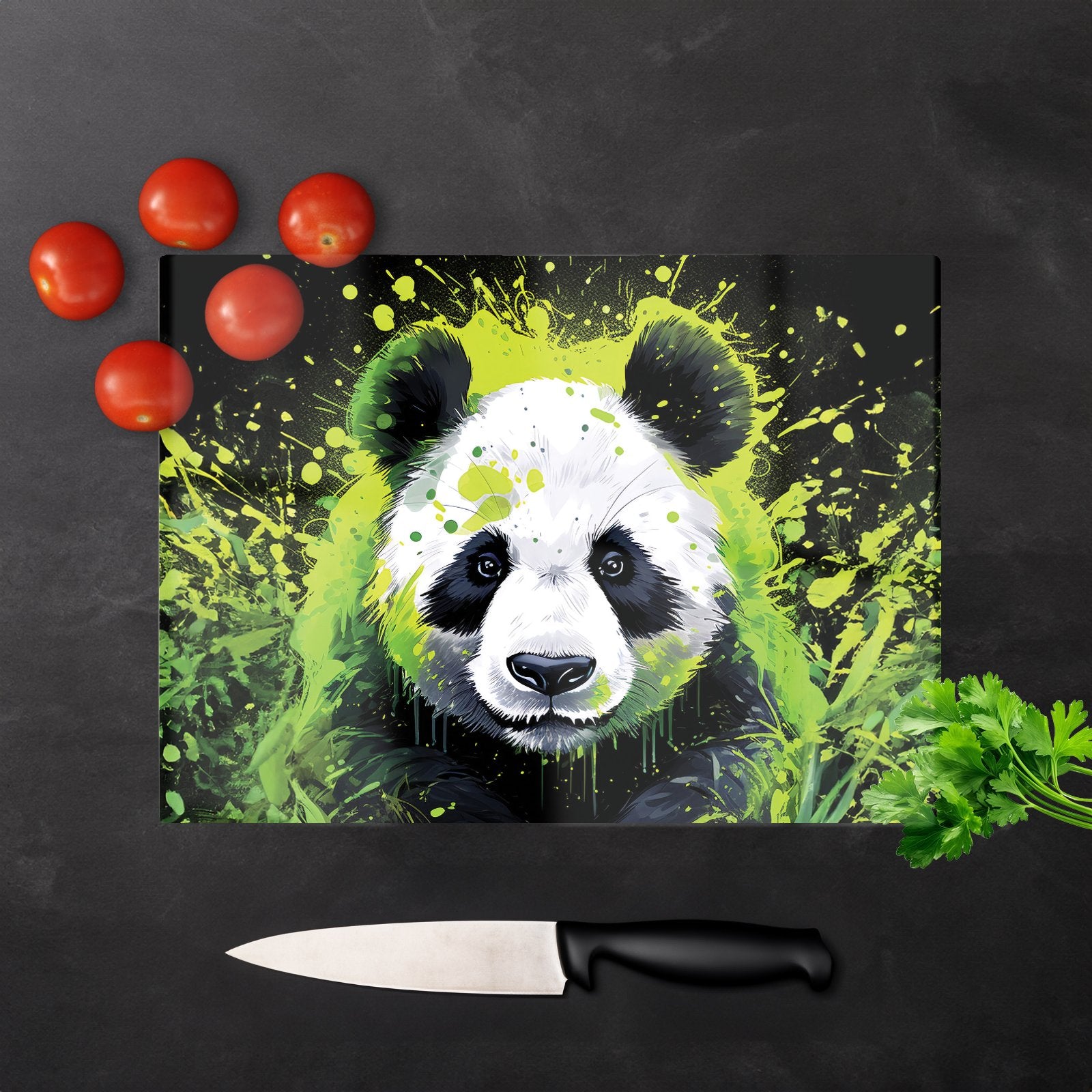 Green Splashart Panda Face Glass Chopping Board