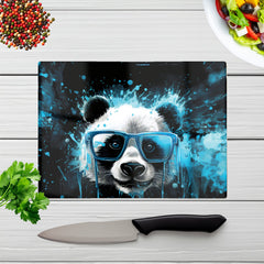 Blue Splashart Panda Face Glass Chopping Board