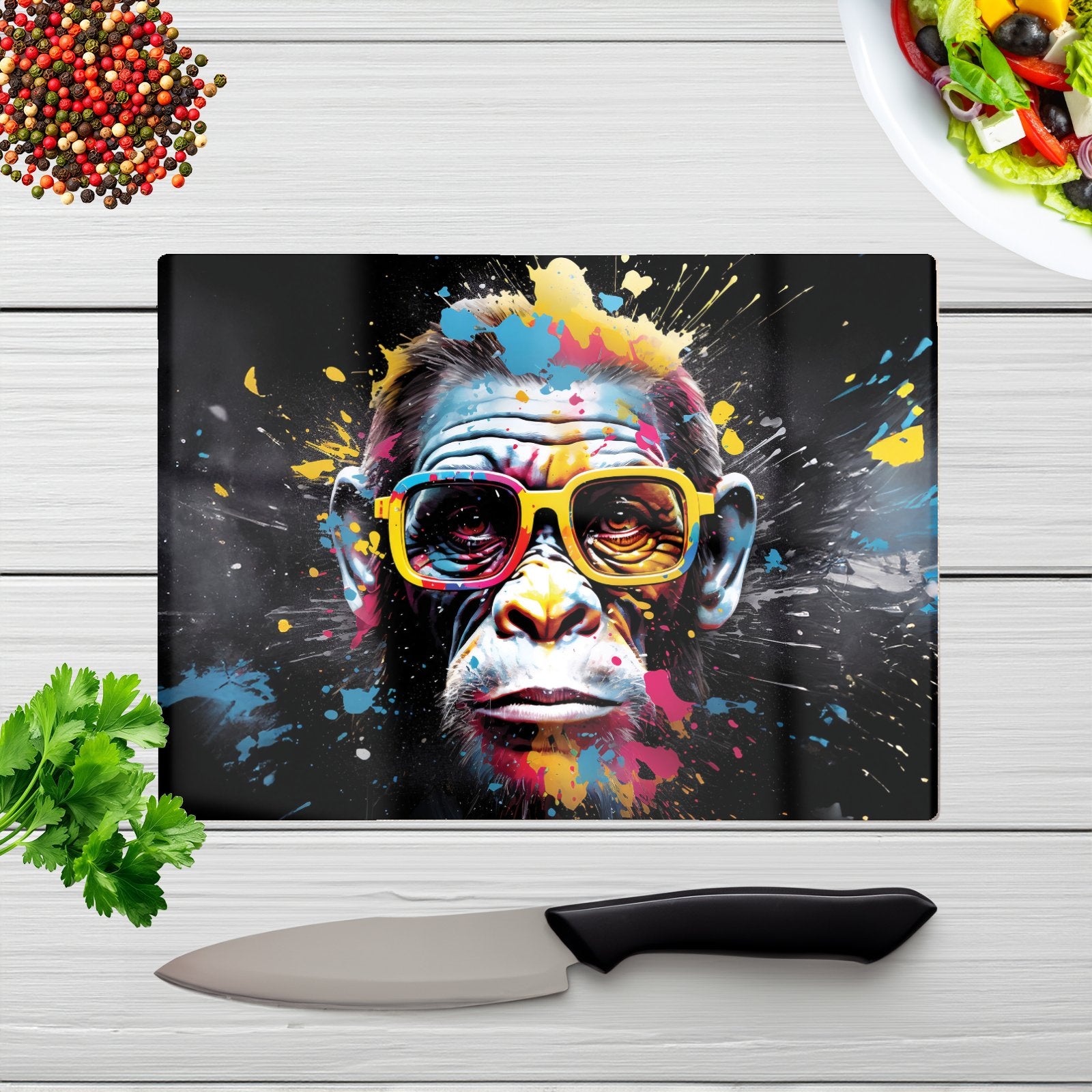 Coloured Splashart Monkey Face Glass Chopping Board